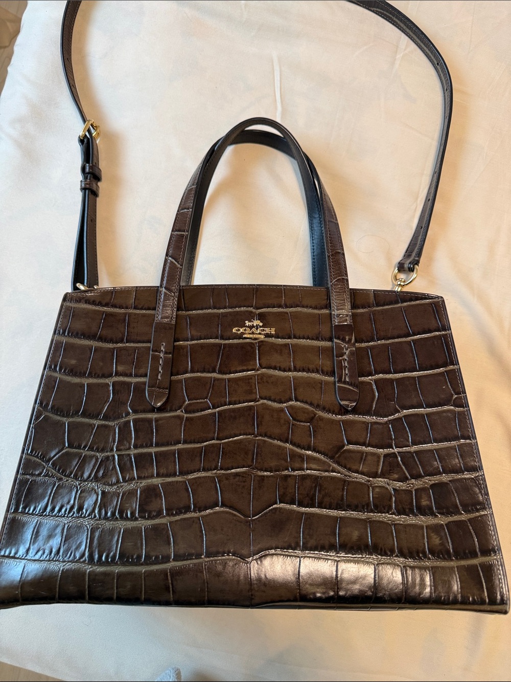 Coach Dark Brown Croc-Embossed Leather Briefcase Tote